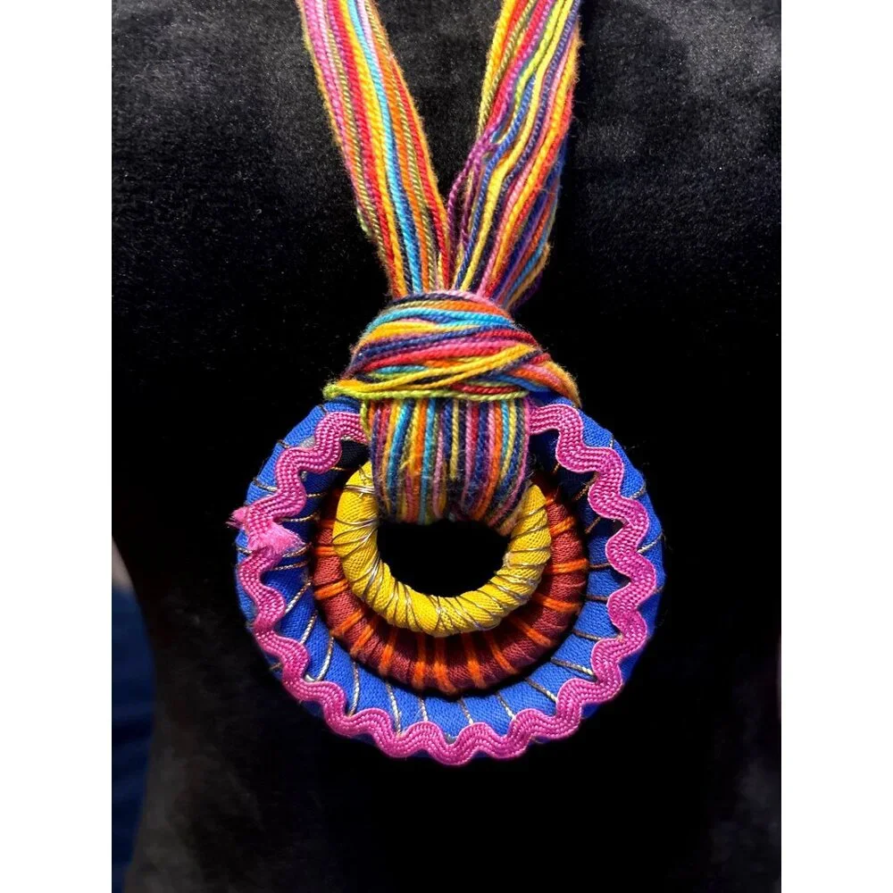 Handcrafted Rainbow Colors Statement Necklace Circular Pendant Boho Hippie Artsy